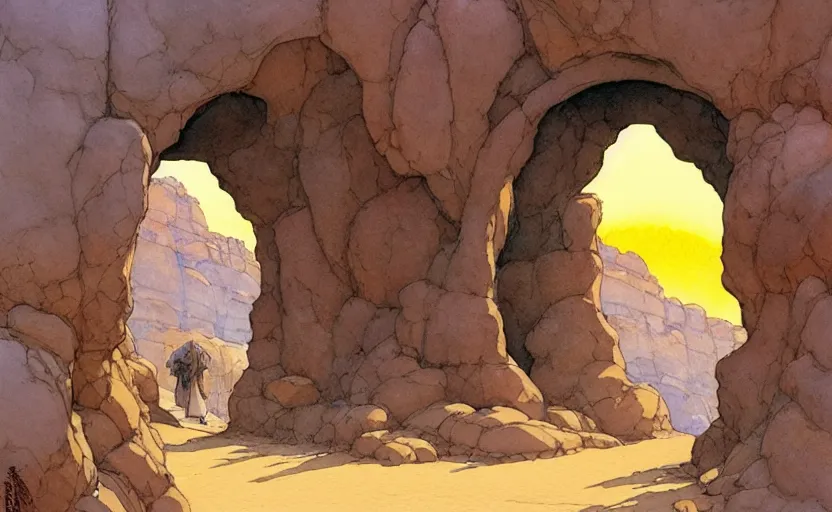 Image similar to a hyperrealist watercolour concept art of a desert day. through a large rock arch is a time portal to an orange sunset sky. a medieval monk in grey robes is walking through the rock arch. by rebecca guay, michael kaluta, charles vess and jean moebius giraud. high detail, hq, wide shot