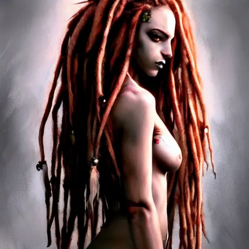 Prompt: clothed full body photography flawless beautiful psychopathic female with blonde and red dreadlocks, dark, piercing eyes, exotic expression, esoteric clothing, photorealistic, highly detailed, mysterious lighting, artstation, smooth, sharp focus, art by artgerm, greg rutkowski and luis royo