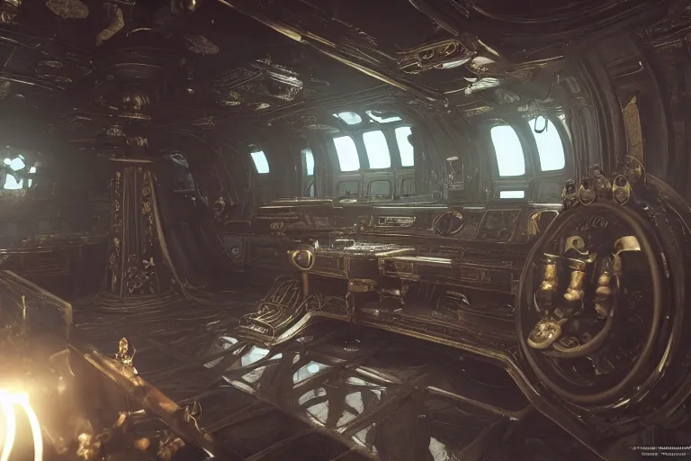 Image similar to baroque steampunk spaceship interior, viewport, commander's deck made of bone, rendered in unreal engine 5, cryengine, arnold and zbrush, epic lighting