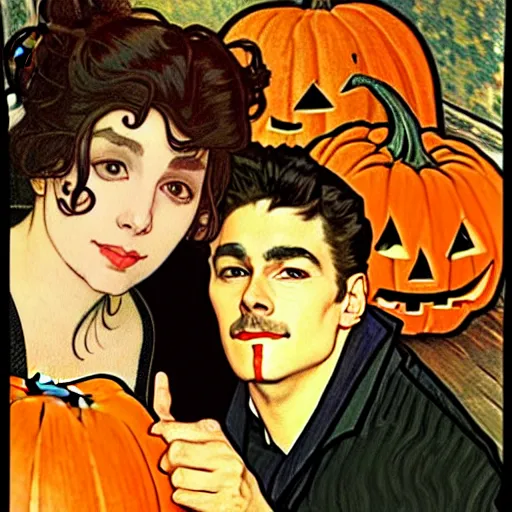 Image similar to painting of handsome young beautiful jeff and gorgeous rina together at the jack o'lantern halloween party, elegant, clear, painting, stylized, art, art by alphonse mucha, vincent van gogh, egon schiele,