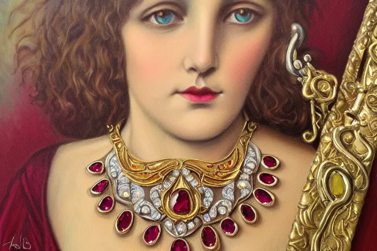 Image similar to highly detailed oil painting, front view, very realistic gemstones, art nouveau, ornate, delicate, brilliant ruby necklace, necklace on display, dramatic light,