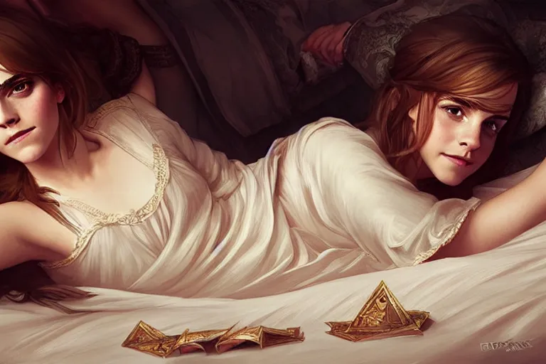 Image similar to Emma Watson lying on the bed in sleepwear,, D&D, fantasy, intricate, elegant, highly detailed, digital painting, artstation, concept art, matte, sharp focus, illustration, hearthstone, art by Artgerm and Greg Rutkowski and Alphonse Mucha