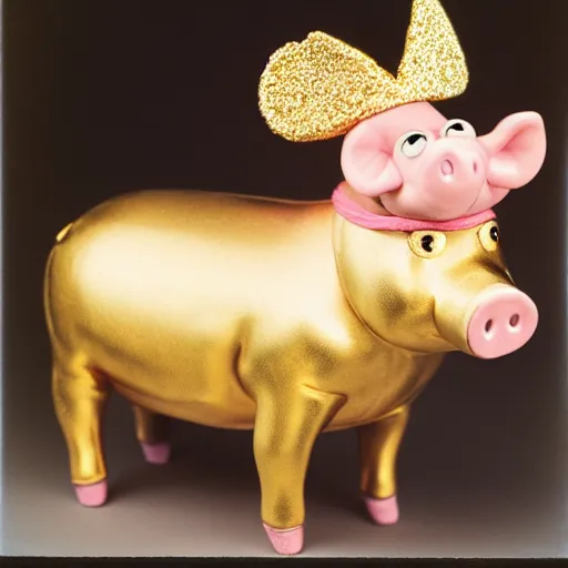 Image similar to studio photograph of a pig depicted as a muppet wearing a gold crown, front view