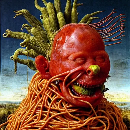 Image similar to a boy made of spaghetti and tomato sauce riding on a giant rhino, looking straight into camera, screaming in pain, by giuseppe arcimboldo and ambrosius benson, renaissance, fruit, intricate and intense oil paint, a touch of beksinski and hr giger and edward munch, realistic