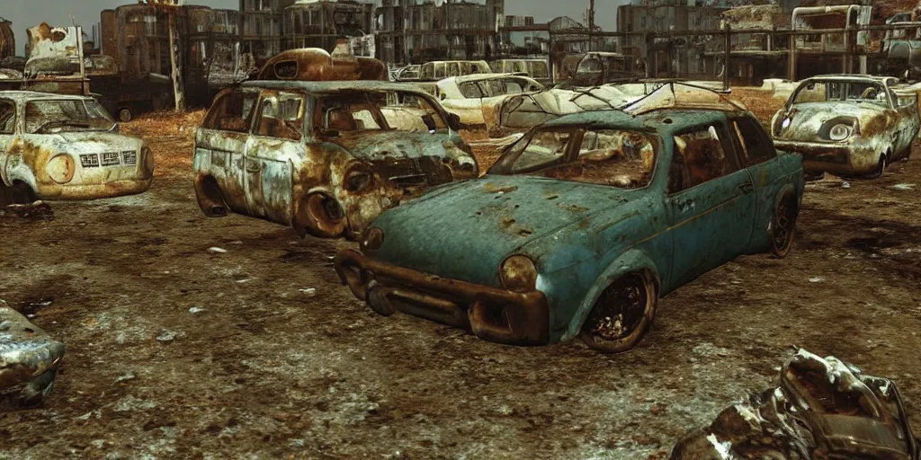 Image similar to Rusty Volkswagen Golf, screenshot from game Fallout 2 (1998), postapocalyptic