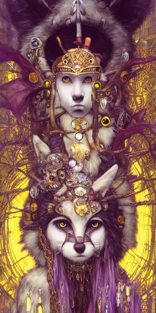 Prompt: hyper realistic Princess Mononoke in her mask, busy metropolis, city landscape, wolves, magic, castle, jewels, style of tom bagshaw, mucha, james gurney, norman rockwell, gems and gold, waterfalls, denoised, sharp, yellow purple and black colours,