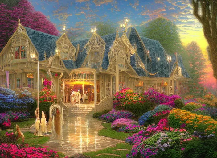 Prompt: beautiful choir of angels, lowbrow, matte painting, 3 - d highly detailed, in the style of thomas kinkade,