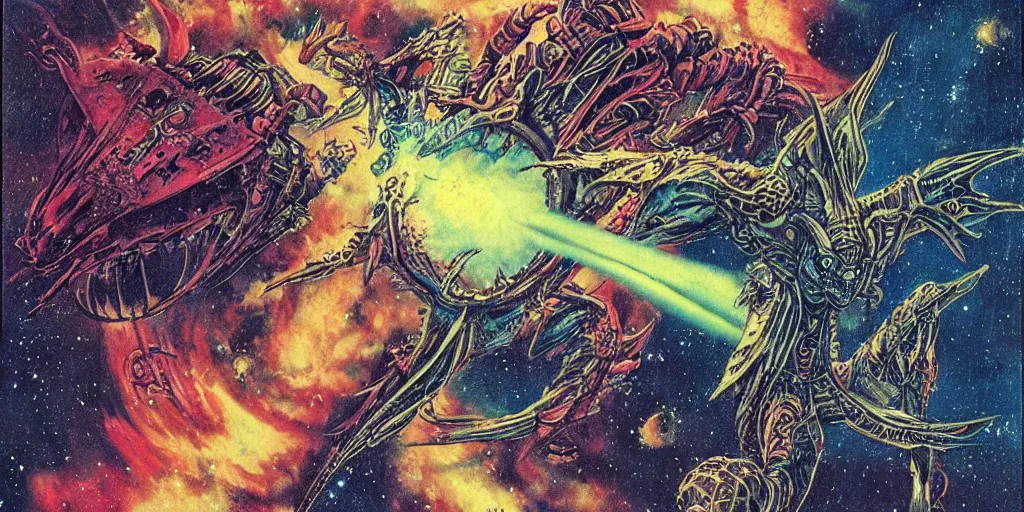 Prompt: an alien dragon flying through outer space, epic nebula, style of philippe druillet matte illustration