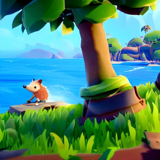 Image similar to hedgehog playing golf in sea of thieves, cute, colourful, happy, adorable