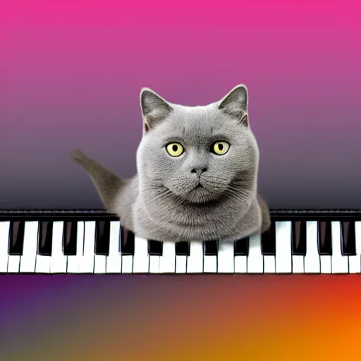 Image similar to portrait of a grey british shorthair cat on background of wavy abstract piano keys with musical notes detailed colorful matte painting 4 k