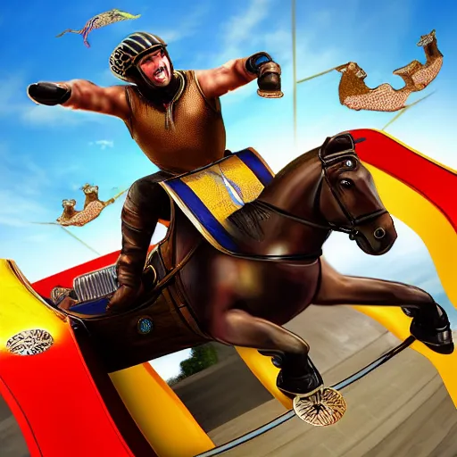 Prompt: roman horsedrawn chariot racer jumping high on half pipe, fish eye, tony hawk, video game