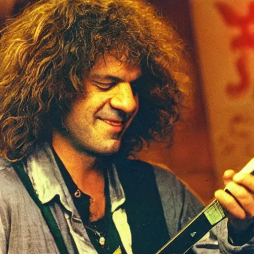 Image similar to Pat Metheny having dinner with Jesus Christ at a Mexican restaurant, highly detailed, high resolution, HD, cinematic