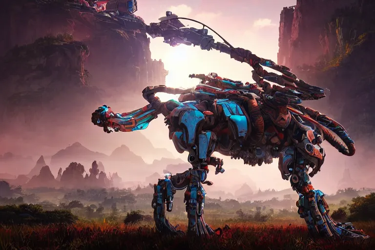 Image similar to thunderjaw machine mecanical creature robot of horizon forbidden west horizon zero dawn radiating a glowing aura global illumination ray tracing hdr fanart arstation by ian pesty and alena aenami artworks in 4 k