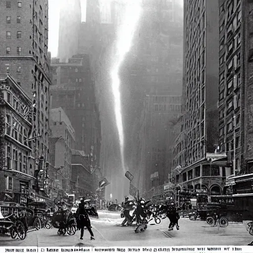 Prompt: old black and white photo, 1 9 1 3, depicting a dieselpunk giant robot monster rampaging through the bustling streets of new york city, historical record