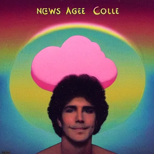 Image similar to 8 0 s new age album cover depicting a fluffy pink cloud in the shape of a hamburger, very peaceful mood