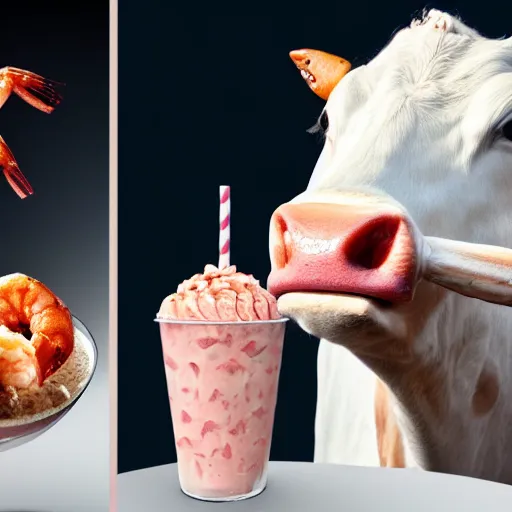 Image similar to a well dressed milkshake next to a brilliant shrimp, in the mouth of a cow, hyper realistic, sharp focus, hyper - detailed, 8 k resolution