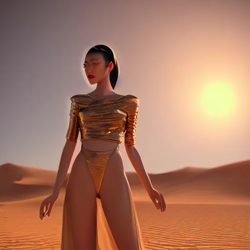 Prompt: innovative avant-garde art, deco fashion, asian women, highly detailed, photorealistic portrait, serene desert setting, golden hour, crisp quality and light reflections, unreal engine 5 quality render