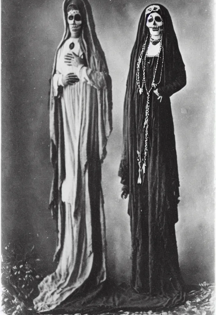 Prompt: photo taken in the 1 9 1 0's, full body view, one woman, virgin mary, dia de muertos dress and make up