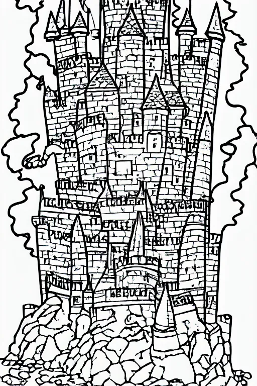 Image similar to an old castle on a seaside cliff coloring book, line art, simple, low detail