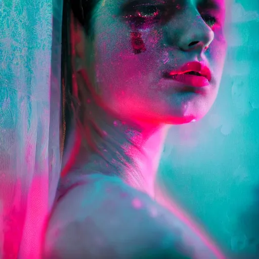 Image similar to beautiful female body silhouette, beautiful portrait, photography by amy leibowitz and filip fedorov, long sheer curtains, urban city photography, close up portrait, cinematic still, film still, magic hour, dark mood, cold colors, sony, kodak, long exposure, art noveau painting, liquid marble fluid painting, neon glow