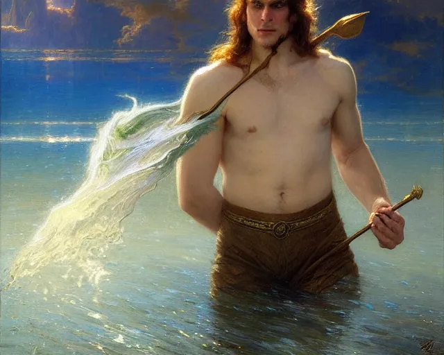 Image similar to attractive male wizard casting powerful wave water spell in a beautiful lake. highly detailed painting by gaston bussiere, craig mullins, j. c. leyendecker 8 k