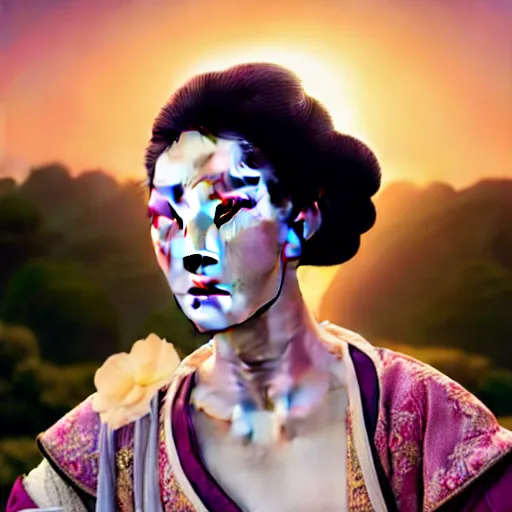 Image similar to photographic portrait of a stunningly beautiful renaissance female with chinese opera makeup in soft dreamy light at sunset, contemporary fashion shoot, by edward robert hughes, annie leibovitz and steve mccurry, david lazar, jimmy nelsson, breathtaking, 8 k resolution, extremely detailed, beautiful, establishing shot, artistic, hyperrealistic, beautiful face, octane render