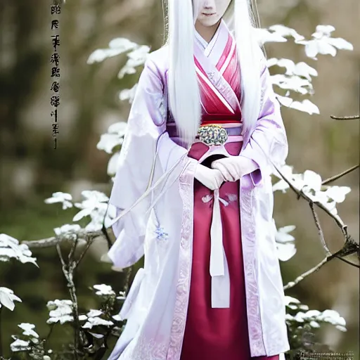 Image similar to full body shot of a japanese princess young lady, beauty, with a long white, white hair, ganyu cosplay, artwork by Akihiko Yoshida