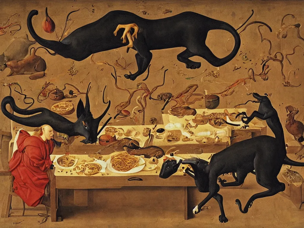 Image similar to woman eating noodles. scratch that. panther eating an antelope. painting by jan van eyck, walton ford