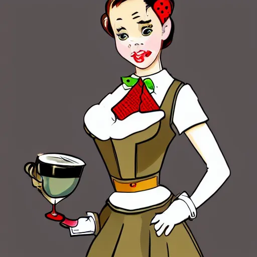 Image similar to beautiful female sheep anthropomorphic working as a waitress from the 5 0 s, cartoon, digital art, full character, high detail drawing