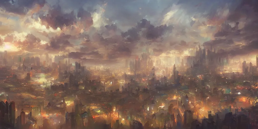 Image similar to stunning landscape of a a city in the sky by krenz cushart