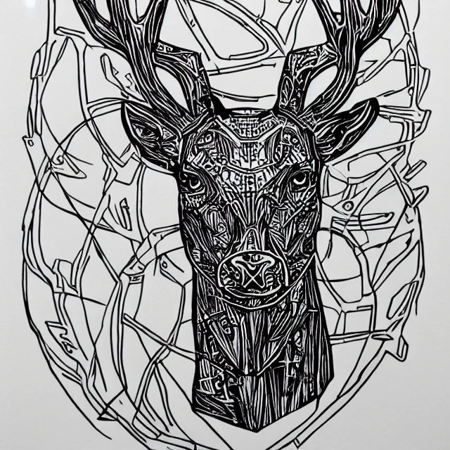 Prompt: linocut of cybernetic deer