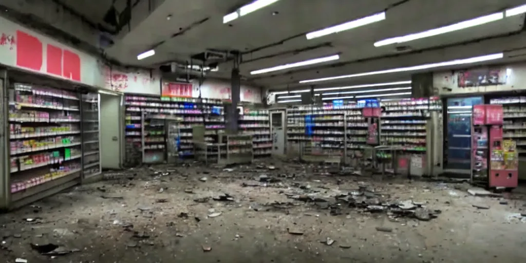 Image similar to abandoned replicant factory in a convenience store, damaged camcorder video