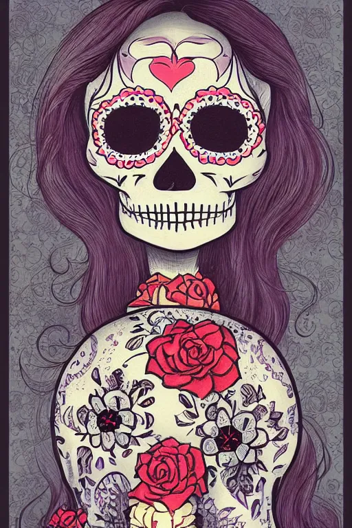 Image similar to Illustration of a sugar skull day of the dead girl, art by hiroshi yoshida