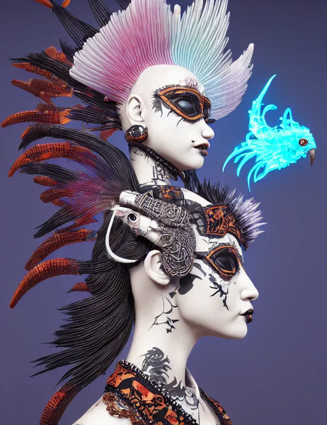 Image similar to 3 d goddess close - up profile portrait punk with mohawk with ram skull. beautiful intricately detailed japanese crow kitsune mask and clasical japanese kimono. betta fish, jellyfish phoenix, bio luminescent, plasma, ice, water, wind, creature, artwork by tooth wu and wlop and beeple and greg rutkowski