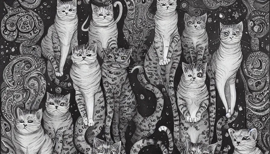 Image similar to acrylic painting of really tall cats by joe fenton, thick brush strokes and visible paint layers