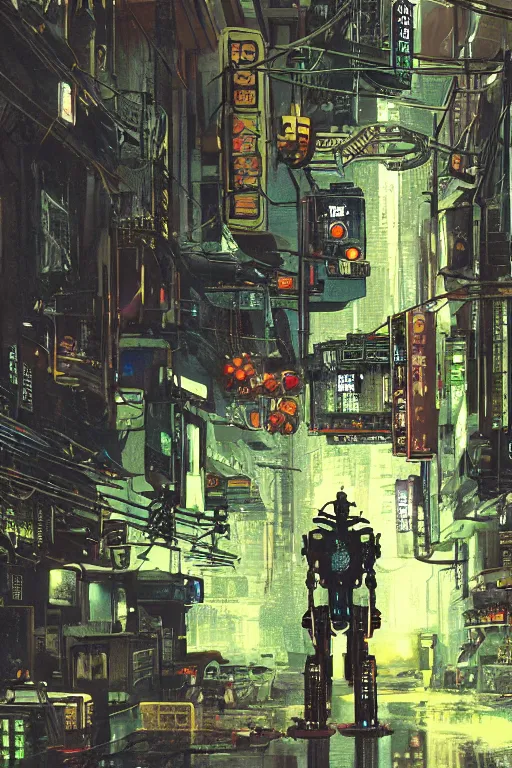 Image similar to cinematic 3 5 mm photo of ancient overgrown cyberpunk tokyo with robot by syd mead, night, rain, flowers, beautifully lit, hyperdetailed, unreal engine, photorealistic