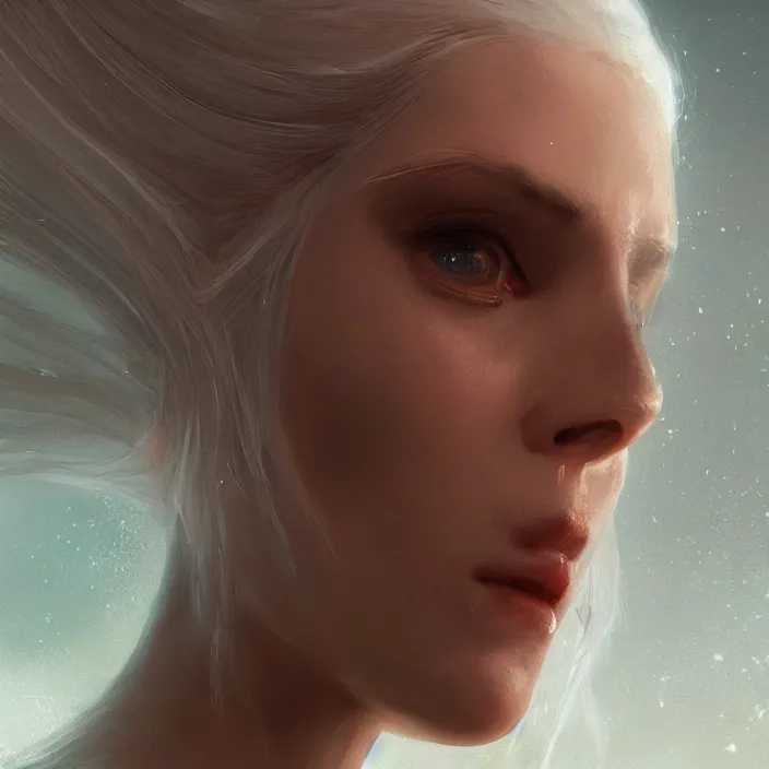 Image similar to a realistic detail portrait of a beautiful female angle has white hair in atlantis, magic, dragon, ink painting by julian calle, wlop, greg rutkowski, finnian macmanus, syd mead trending on artstation, red and yellow scheme, 8 k, unreal engine, wide - angle lens