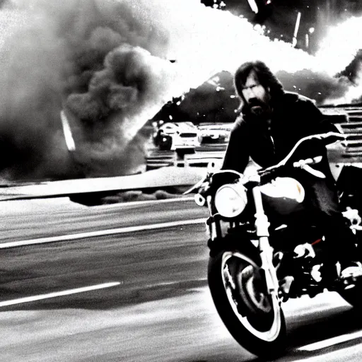 Prompt: a candid shot of Chuck Norris riding a giant motorcycle towards the camera, explosions in the background, 30 mm