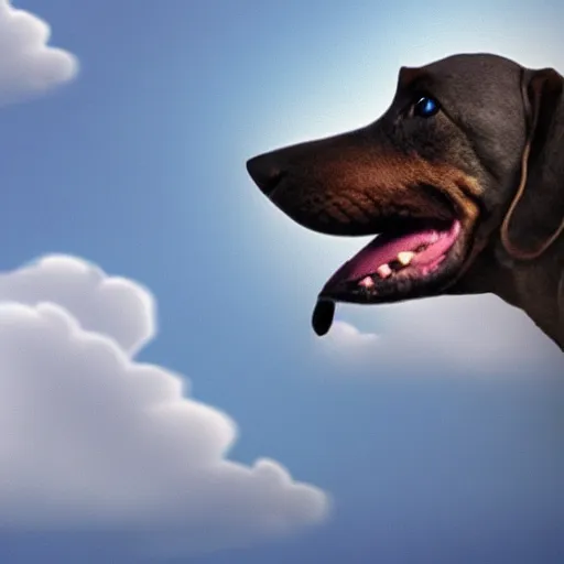 Image similar to an elderly, grey wire-haired dachshund floating in heaven, blue sky, surrounded by beautiful white clouds, with a halo