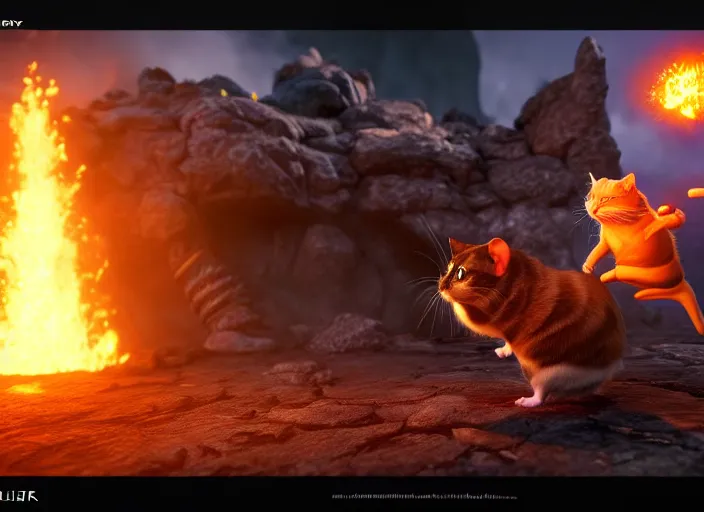 Prompt: hamster fights a cat in mortal kombat at a volcano with shao khan cheering in the background. fantasy magic style. highly detailed 8 k. intricate. lifelike. soft light. sony a 7 r iv 5 5 mm. unreal engine with nanite and path tracing