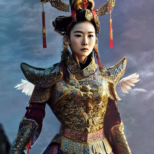 Image similar to angelababy as a Chinese warrior princess on the Great Wall, styling by Tom Eerebout & Sandra Amador, photo by mario testino, cinematic, hyper detailed, micro details, insanely detailed, trending on artstation, concept art