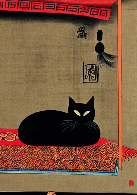 Prompt: black cat sleeping on shrine, by Shen Quan, hanging scroll on wall, ink and colour on silk, muted colours