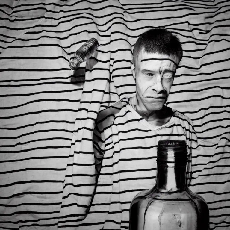 Prompt: bottle headed man wearing striped prison clothing, jail mugshot