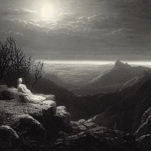 Image similar to A lonely widow looks from a mountaintop, mountains, gorgeous view, velly distant forest, distant city, distant glow, night, sunset, dramatic light, Chiaroscuro, long shadows, dark, masterpiece, high detail, detailed, illustration by Paul Gustave Doré