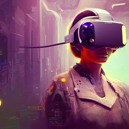 Image similar to portrait of a beautiful cybernetic raver girl wearing a oculus rift headset, cyberpunk concept art by pete mohrbacher and artgerm and wlop and deathburger and syd mead, digital art, highly detailed, intricate, sci-fi, neon colors, sharp focus, Trending on Artstation HQ, deviantart, unreal engine 5, 4K UHD image