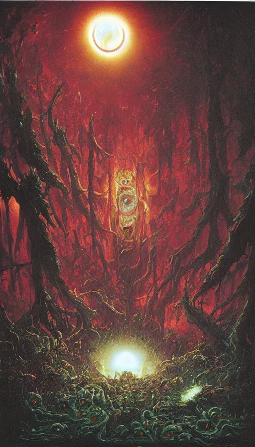 Image similar to a storm vortex made of many demonic eyes and teeth over a forest, by paul lehr,