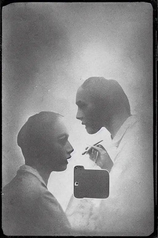 Image similar to 1 9 0 0 s photo of a person looking at an iphone photo grain double exposure masterpiece