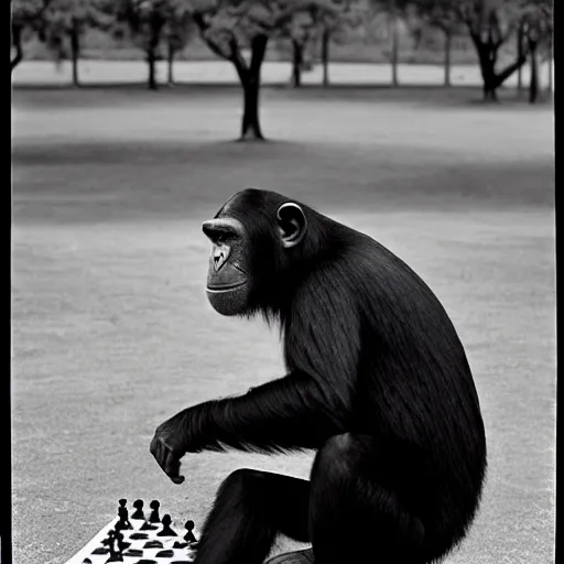 Image similar to black and white portrait photo of a chimpanzee playing chess in a park by annie liebovitz,
