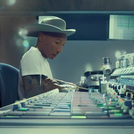 Image similar to cinematic film still of Pharrell Williams Making A Beat with an anthropomorphic alien, Japanese VFX, 2018, 400mm lens, f1.8, shallow depth of field,film photography