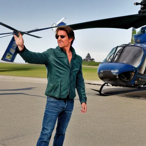 Image similar to Tom Cruise waving to fans. He's wearing bluejeans and a green jacket, Ralph Lauren. A helicopter is in the background. Shallow depth of field